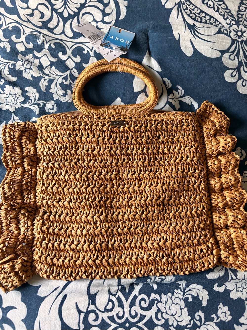 Roxy Mustard Woven Ruffle-Trim Tote